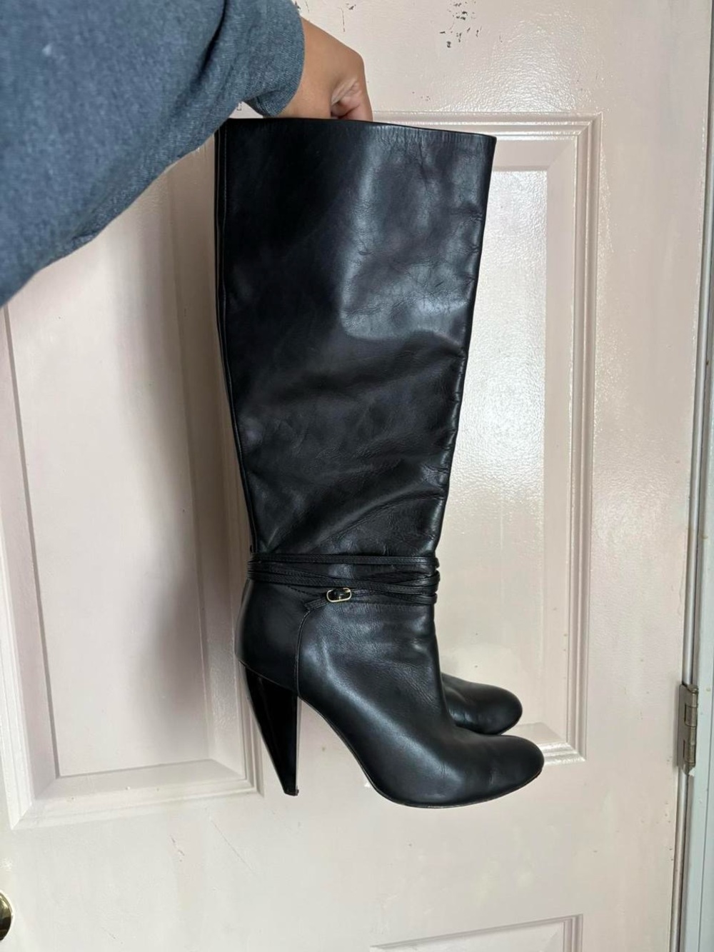 Ann Taylor Black Leather Knee-High High-Heel Boots